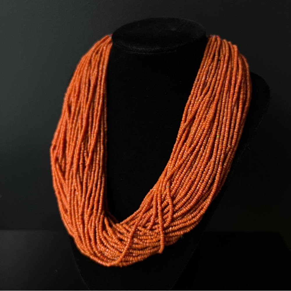 Konyak Naga Heavy Orange Beaded Necklace India Nagaland Coin Closure